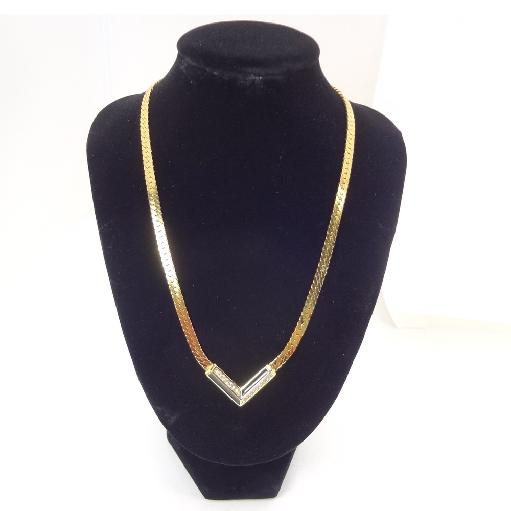Vintage Christian Dior Necklace Gold Black Excellent V Chevron Herringbone